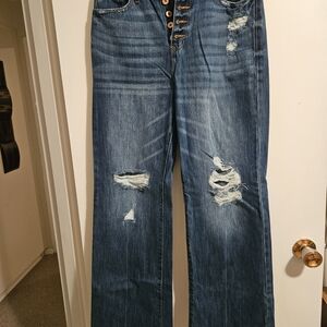 KanCan Distressed High-Rise Wide Leg Jeans - Medium Blue